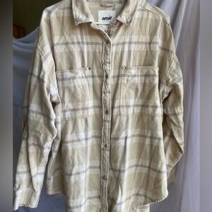 aerie Neutral Beige Plaid Button-Up Shirt